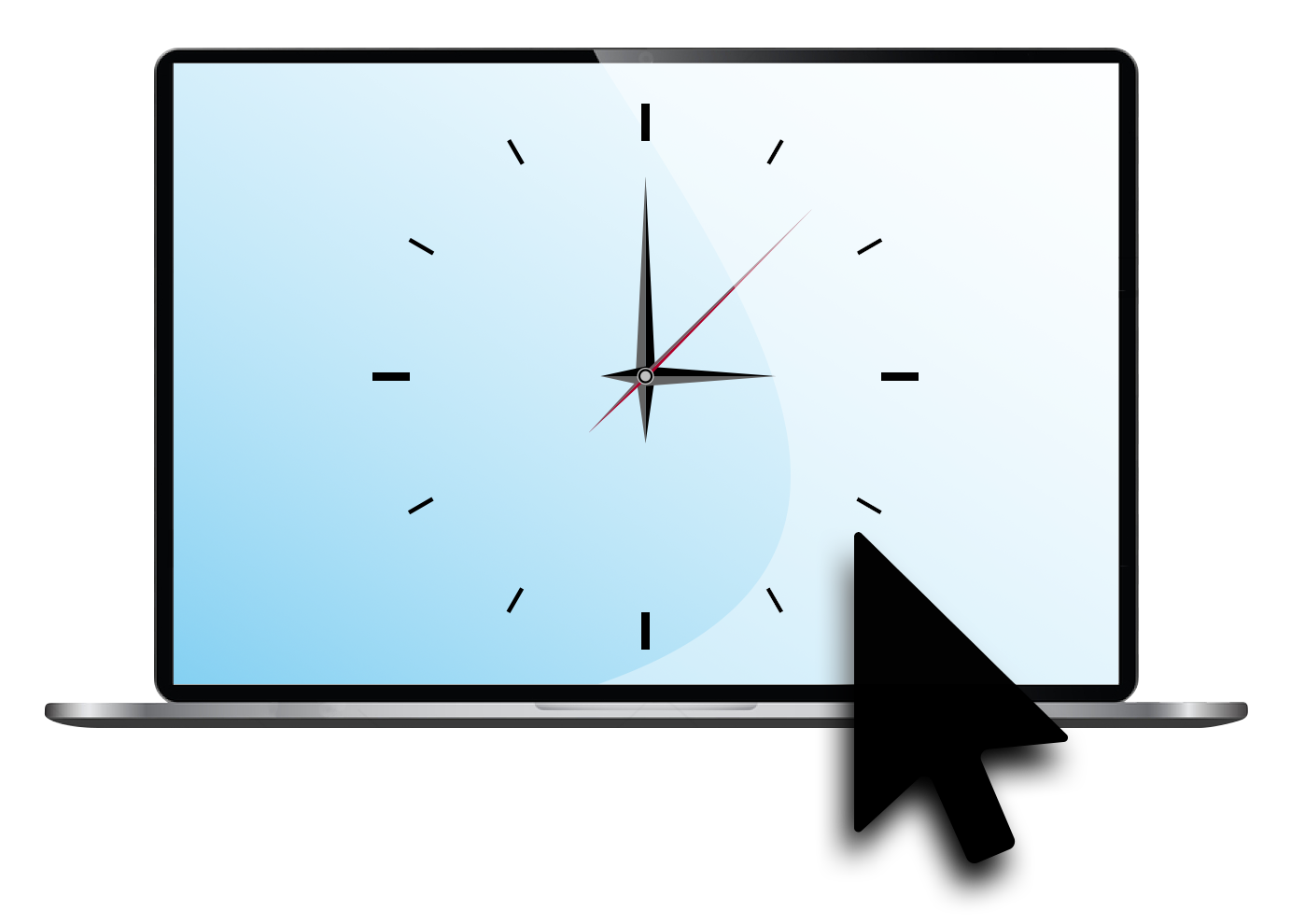 Graphic of a clock face illustrated with light blue tones, with a black cursor hovering around 4 o' clock.