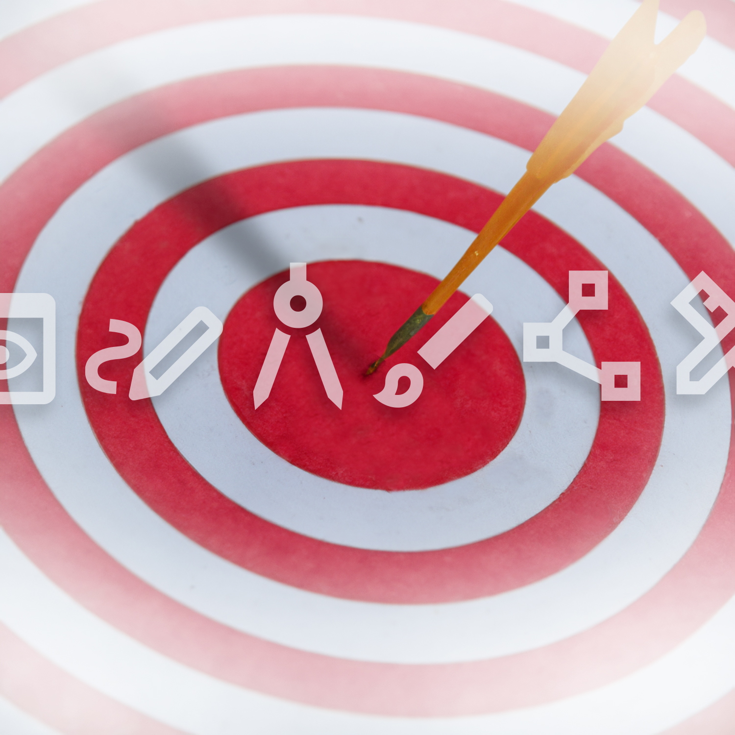 Graphic of a red-and-white bullseye with other artistic-themed white icons aligned across the center.