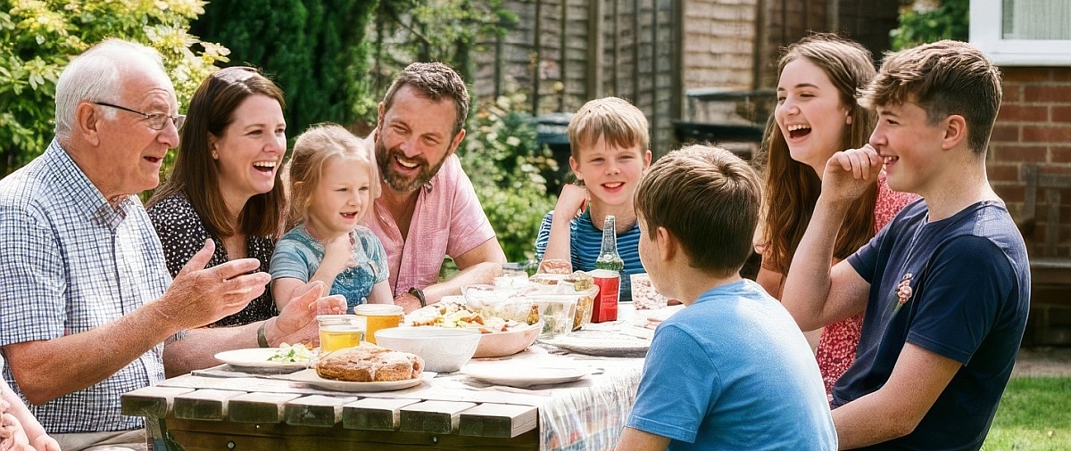 A group of people from multiple generations, chatting and laughing around a table full of food outside a residential home.